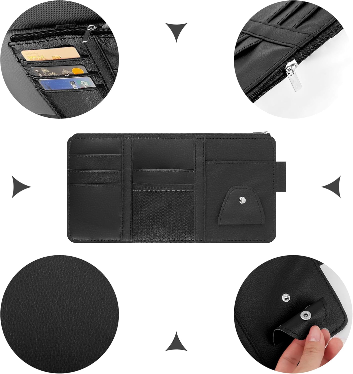 OFBAND Car Visor Organizer with Sunglass Holder,Multi-Functional Car Sun Visor Organizer with Zipper for Cards,Money,Tickets,Leather Interior Accessories (Black)