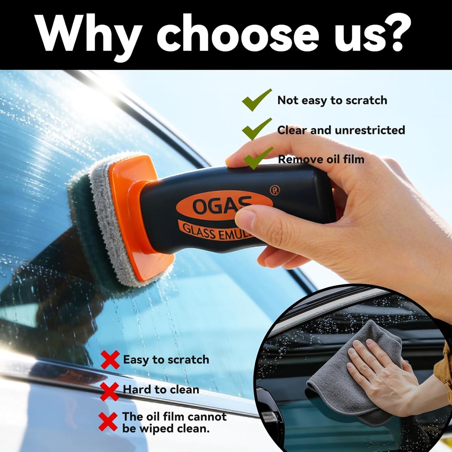 1PCS Glass Oil Film Remover for Car Windshield, Glass Emulsion Cleaner with Cleaning Board, Handle Oil Film Remover For Cars Window, Windshield Cleaner Tool for Crystal Clear Driving View