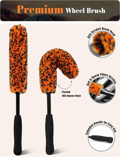 YeewayVeh 3PCS Quick Car Wheel Brush Kit, 2-Size 360° Bendale Rim Cleaner Brushes, Boars Hair Detailing Brush, Fast Scratch-Free Cleaning for Car Wheels, Motorcycle, Orange