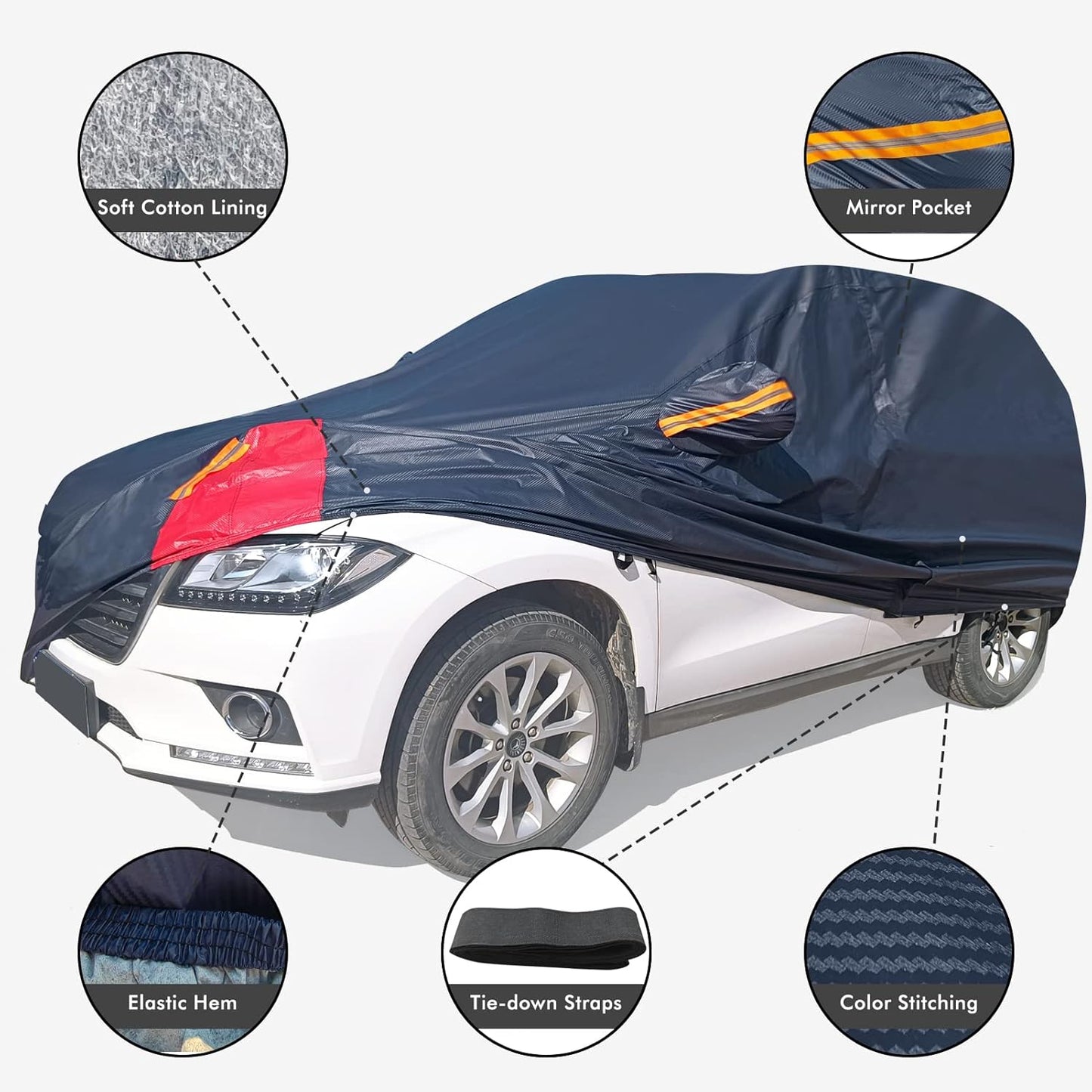 Car Cover Waterproof All Weather for Automobiles, 6 Layers Outdoor Full Exterior Cover Rain Sun UV Snowproof Protection with Zipper Cotton, Mirror Pocket for Sedan (190-195 inch)