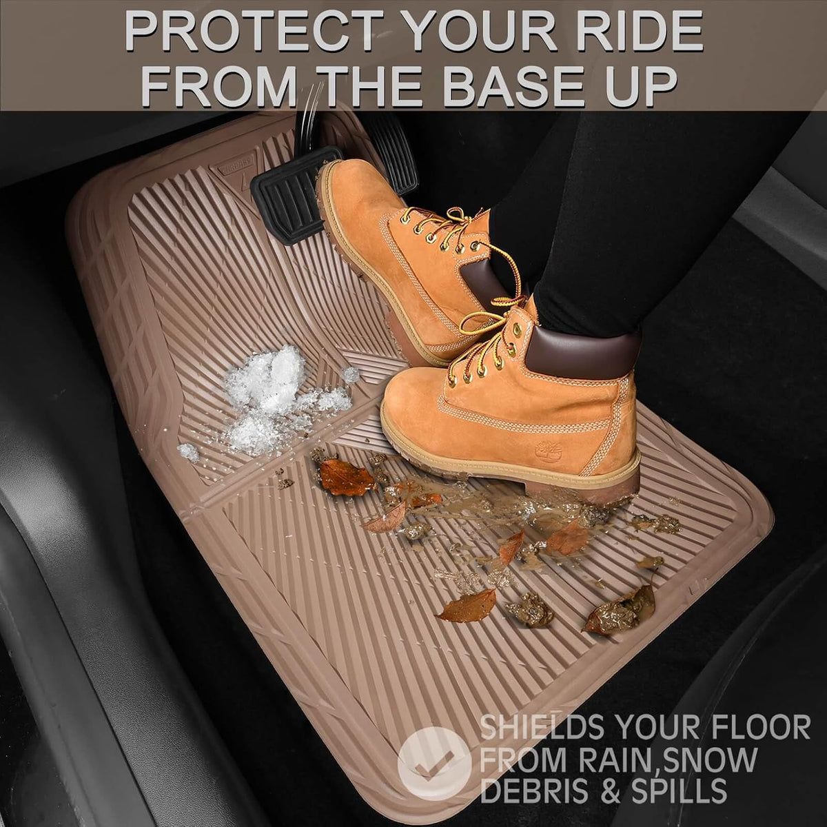 CAR PASS Rubber Floor Mats, All Weather Waterproof Trim-to-Fit Automotive Mats for Cars Trucks SUV, Anti-Slip Easy Clean, Heavy Duty Full Set 3-Piece, All Black