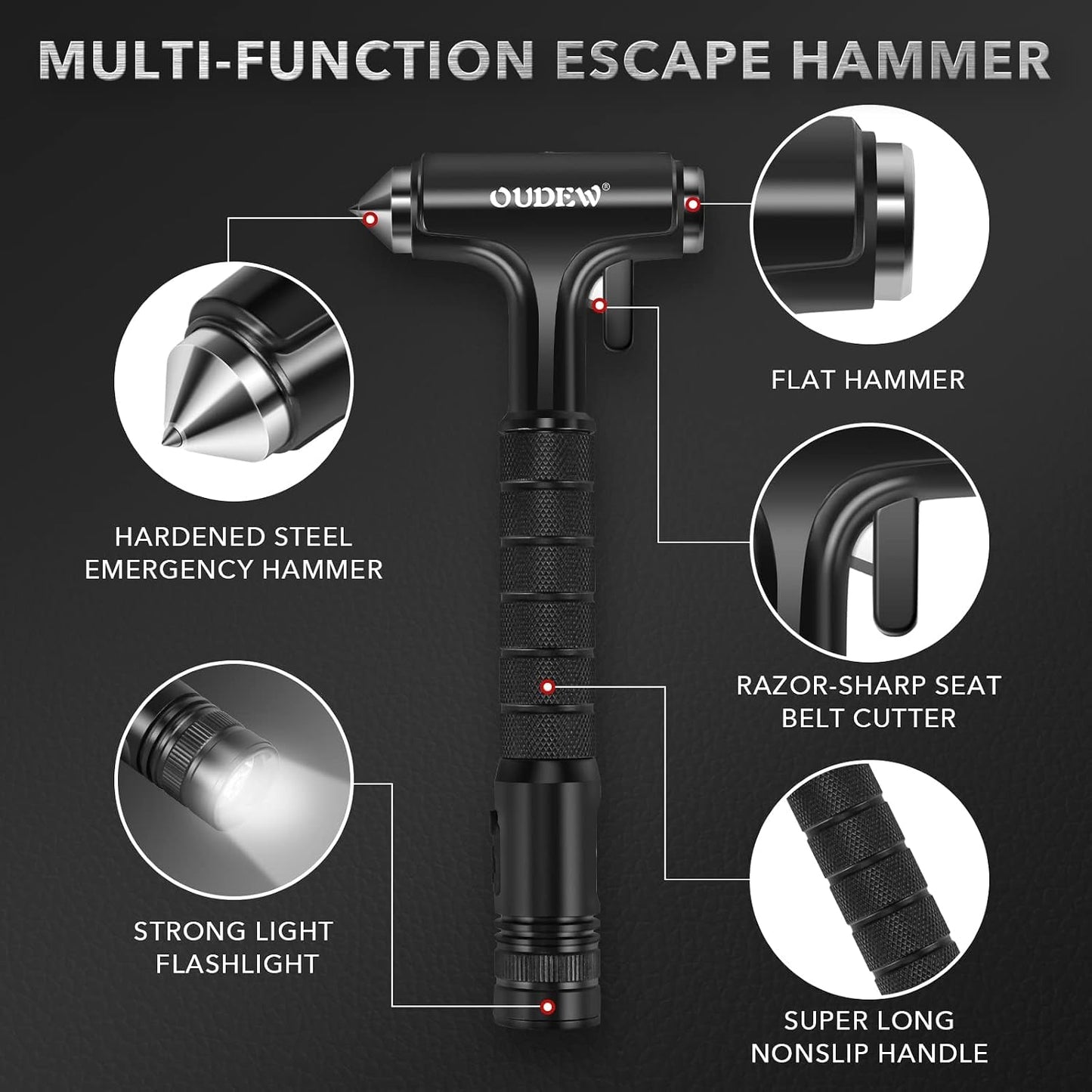 Car Safety Hammer, Car Glass Breaker with Seat Belt Cutter, Automotive Escape Tool with Lighting Function, Metal Window Breaker, Emergecy Safety Hammer for Auto Accidents (Black)