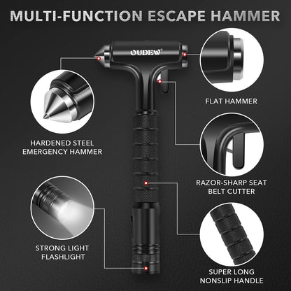 Car Safety Hammer, Car Glass Breaker with Seat Belt Cutter, Automotive Escape Tool with Lighting Function, Metal Window Breaker, Emergecy Safety Hammer for Auto Accidents (Black)