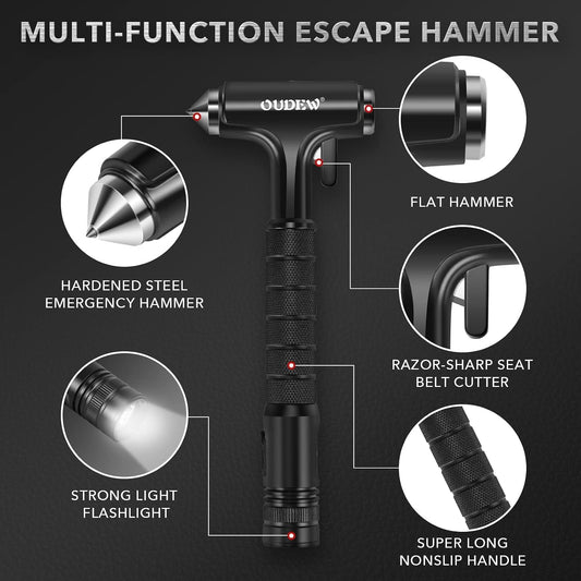 Car Safety Hammer, Car Glass Breaker with Seat Belt Cutter, Automotive Escape Tool with Lighting Function, Metal Window Breaker, Emergecy Safety Hammer for Auto Accidents (Black)
