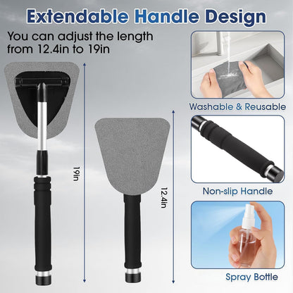 Windshield Cleaner Tool, Car Interior Cleaning Kit with Extendable Handle and 3 Reusable Microfiber Pads, Auto Glass Wiper and Detailing Brush Kit for Car & Home Window, Blue