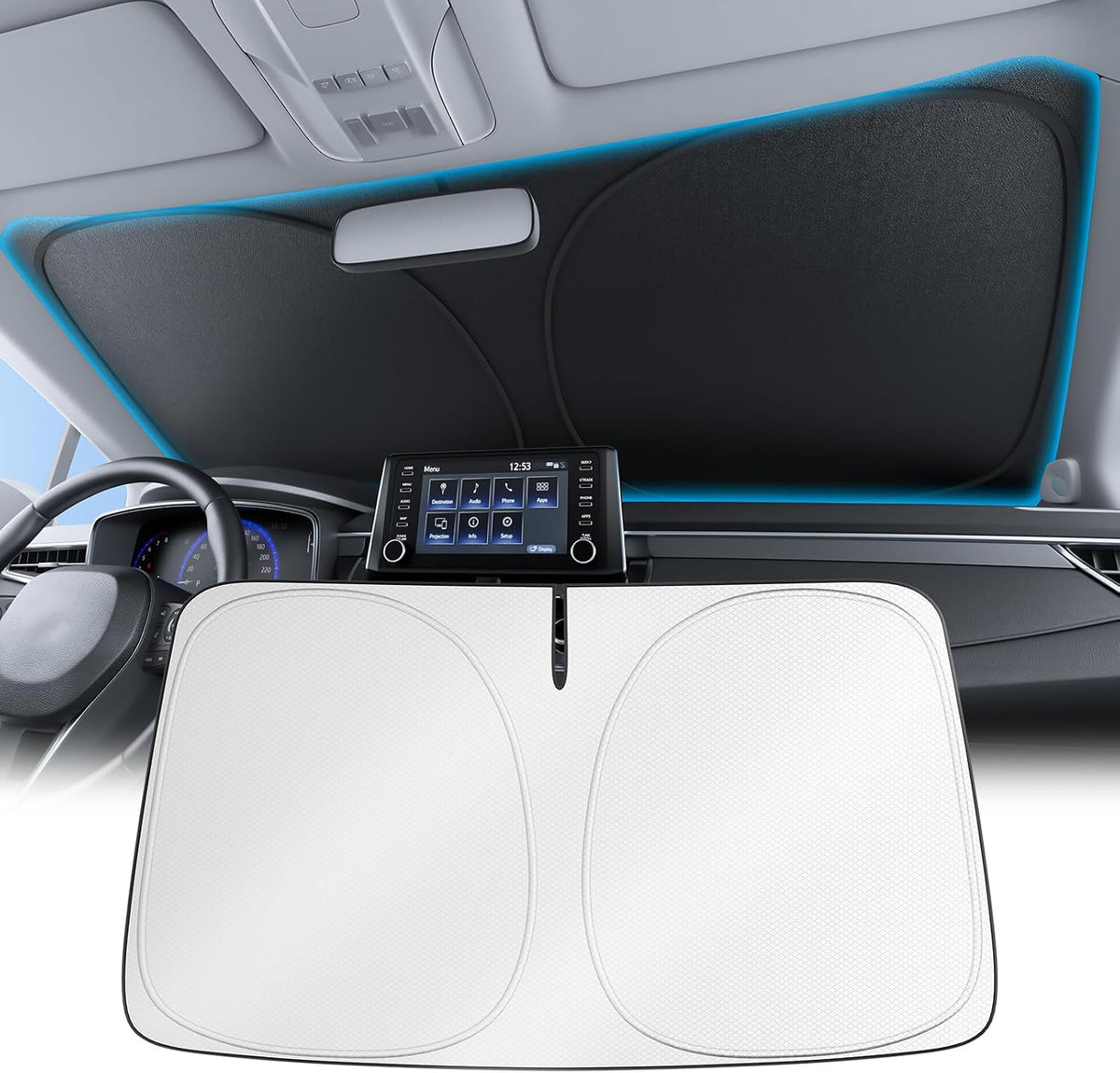 Wigoo Tesla New Model Y Accessories Windshield Sunshade [OEM Design, 100% Sun Blockage] Foldable Heat Insulation Sunshade with Storage Bag, for Model Y 2020~2026 (Juniper), Silver Coating - Colors B