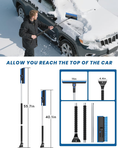 helloleiboo 2025 Extra Long 55.7" Ice Scrapers for Car Windshield Multi-Functional Detachable Car Ice Scraper with Foam Grip and 270° Pivoting Brush Head Snow Brush for SUV Truck Auto (Blue)