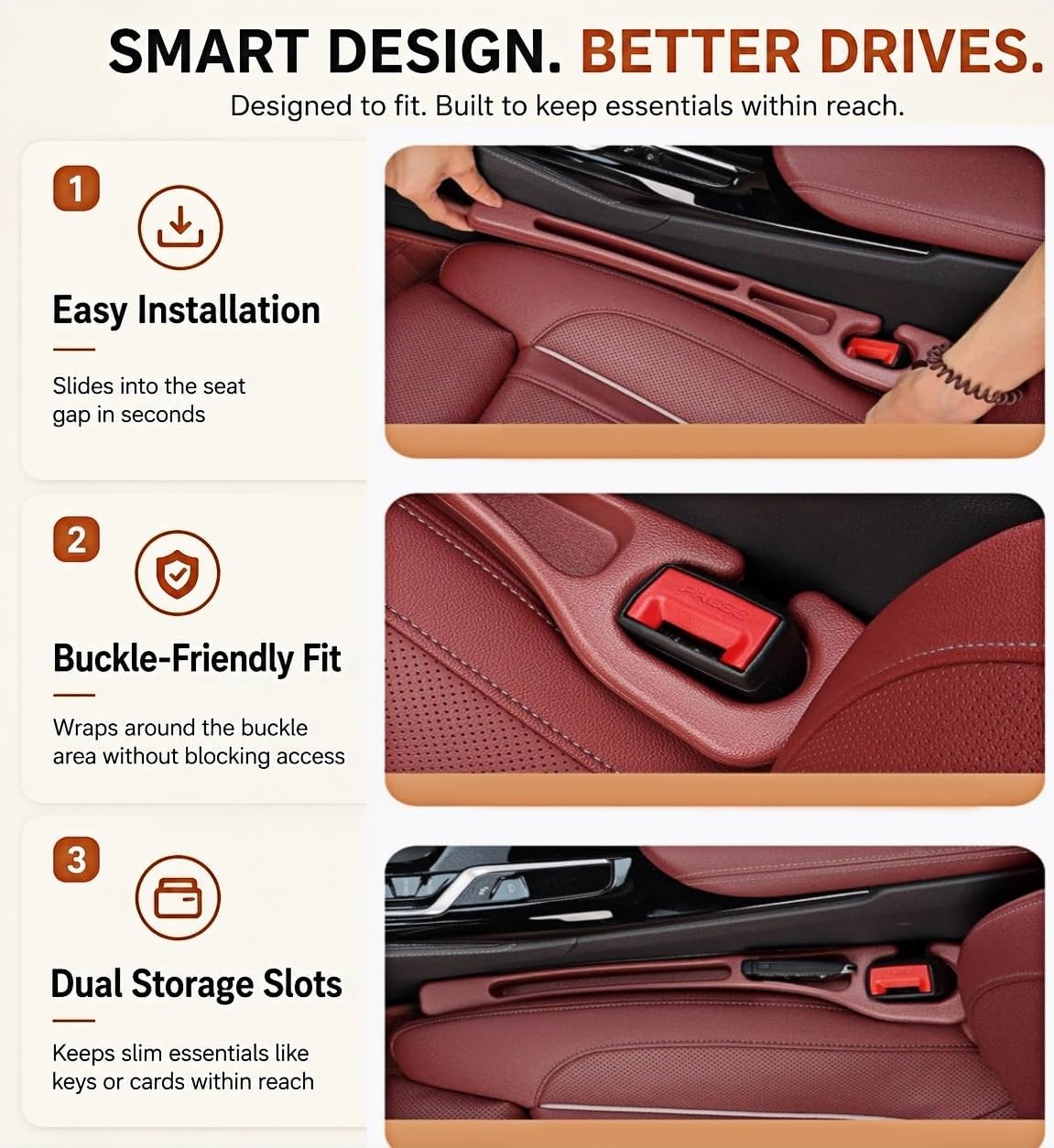 BESTKEE Car Seat Gap Filler 2 Pack, No Drop Seat Gap Plug with Dual Storage Slots, Blocks Phones Keys Coins, Flexible EVA Console Gap Filler Auto Accessories for Cars SUVs Trucks