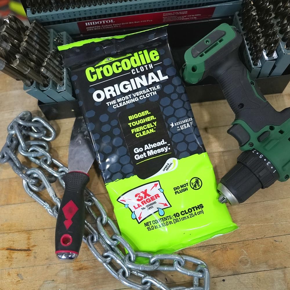 Crocodile Cloth Original Cleaning Wipes, Heavy-Duty Multi-Surface Hand & Tool Wipes, Water-Based, Safe on Skin, 100 Count, 15 x 10 Inch