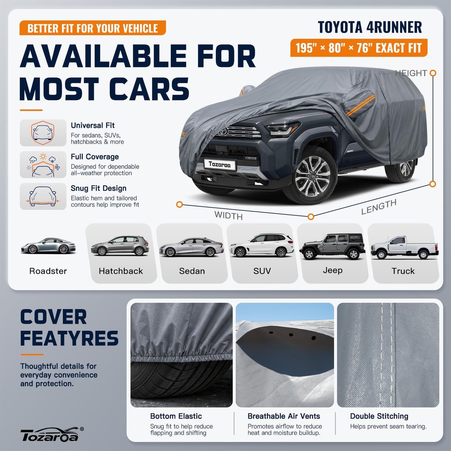 SUV Cover Waterproof All-Weather,Outdoor Full Exterior Automobiles SUV(Length 182-190 inch) with Windshield Sun Shade Universal Fit Toyota RAV4,CRV,Model Y,Q5,Size S2 (See SizeChart)