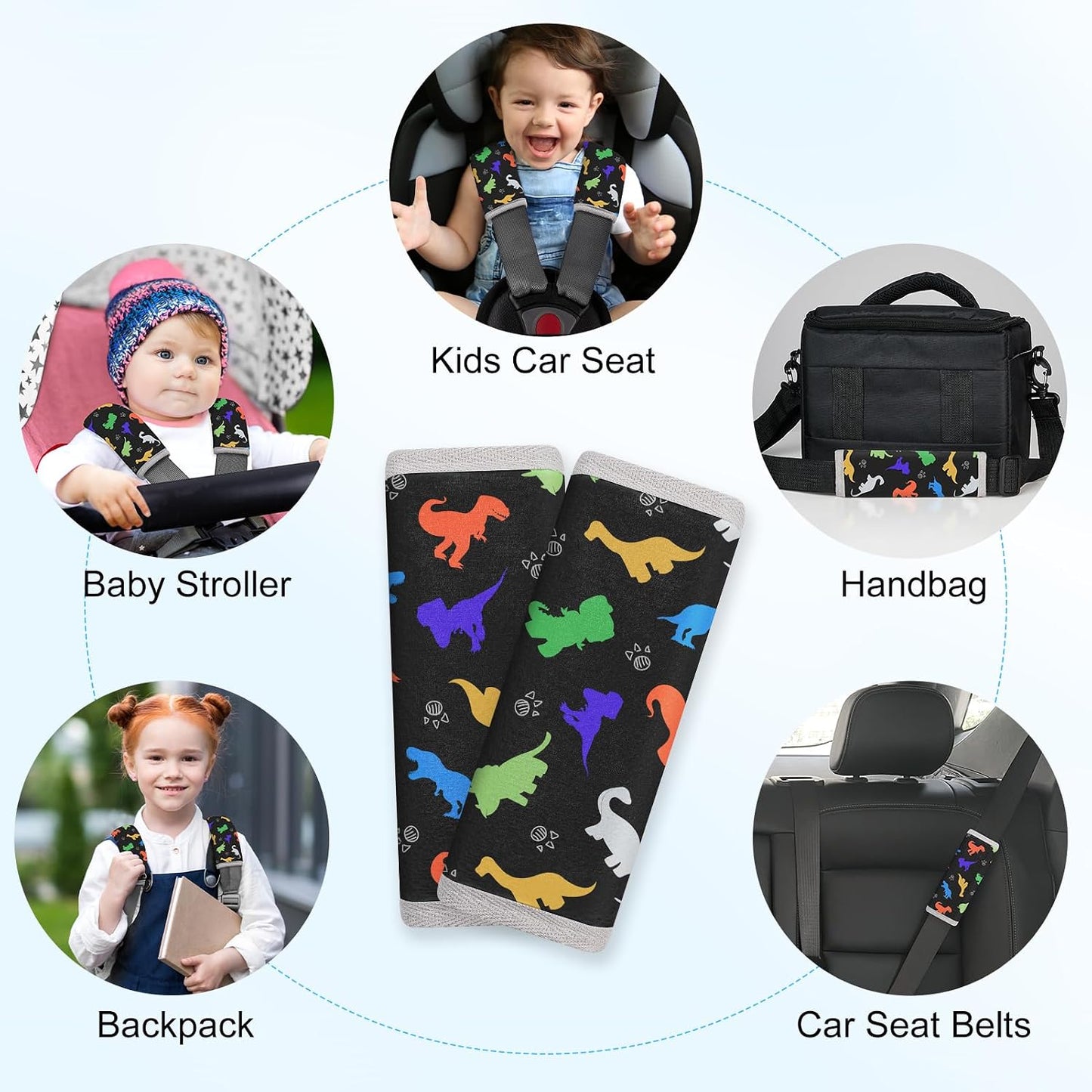 Seat Belt Cover Pad for Baby, Soft Seatbelt Cushion Covers for Kids 2Pcs Car Seat Strap Shoulder Pads for All Car Seats, Stroller, High Chair,Blue Dinosaur