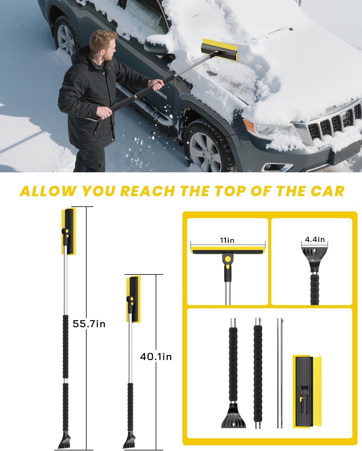 helloleiboo 2025 Extra Long 55.7" Ice Scrapers for Car Windshield Multi-Functional Detachable Car Ice Scraper with Foam Grip and 270° Pivoting Brush Head Snow Brush for SUV Truck Auto (Blue)