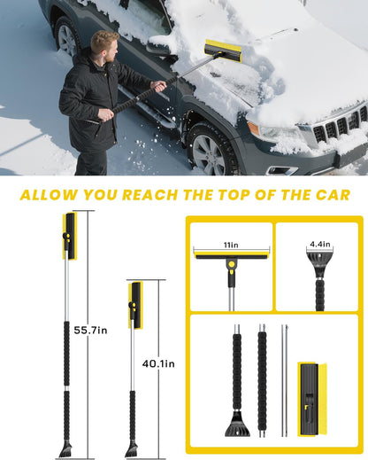 helloleiboo 2025 Extra Long 55.7" Ice Scrapers for Car Windshield Multi-Functional Detachable Car Ice Scraper with Foam Grip and 270° Pivoting Brush Head Snow Brush for SUV Truck Auto (Blue)