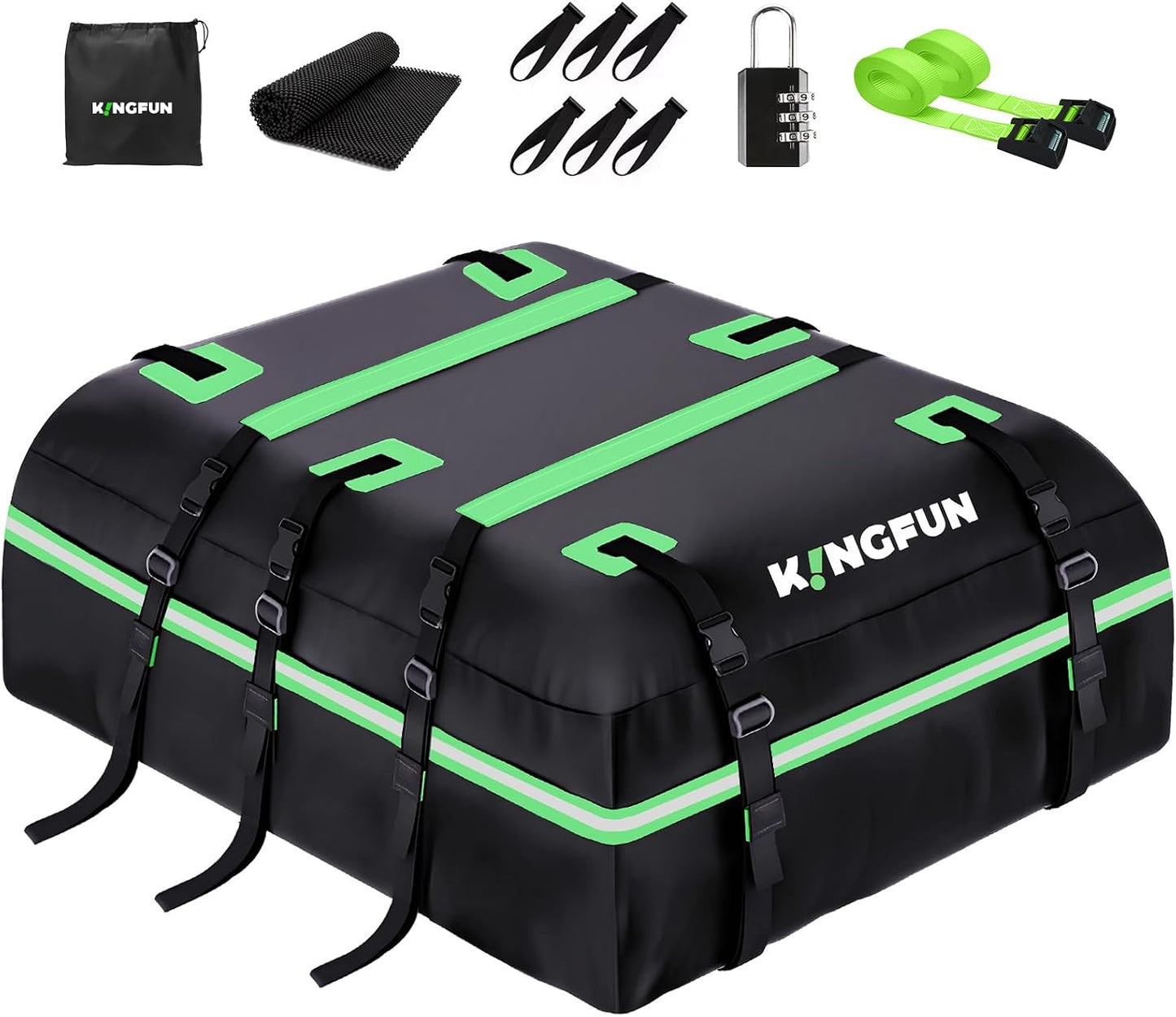 Kingfun Car Rooftop Cargo Carrier – Waterproof 20 Cubic Feet Car Roof Bag Fit All Vehicles with/Without Roof Racks, Includes Anti-Slip Mat, 8 Reinforced Straps & 6 Door Hooks, Luggage Locks（Black）