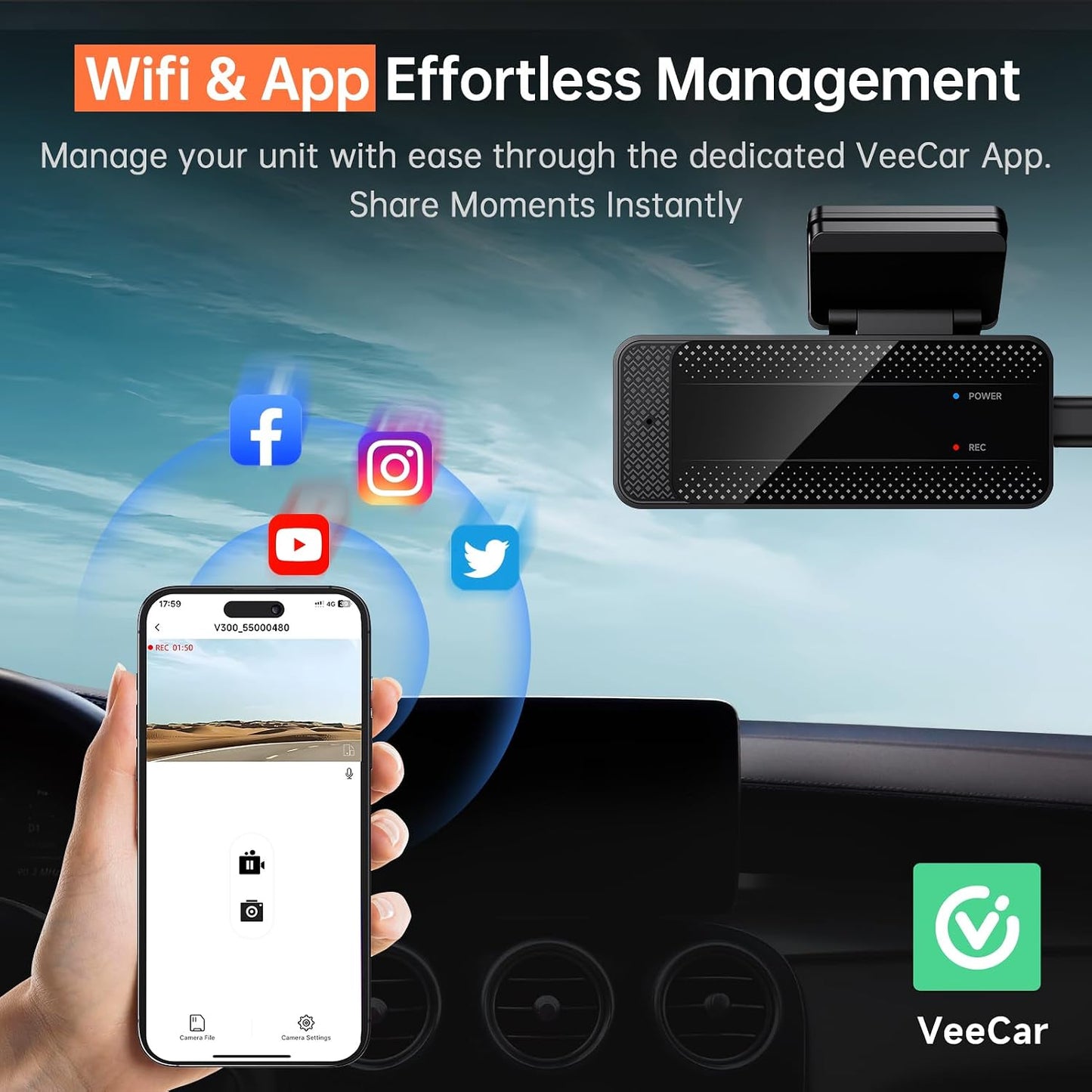 Dash Cam 1296P Front Dashcam, V300 WiFi Dash Camera for Cars with App, Night Vision, Mini Hidden Single Car Camera, Loop Recording, 24H Parking Mode, Support 256GB Max, Black