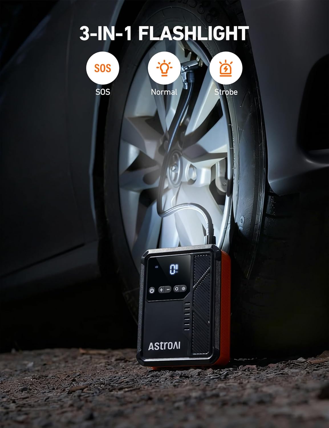 AstroAI S8 Air Jump Starter with Air Compressor, 3000A Peak Car Battery Jump Starter Portable (9.0 Gas/6.5L Diesel) with 150PSI Cordless Auto-Shutoff Tire Inflator, 12V Battery Charger Booster(Orange)
