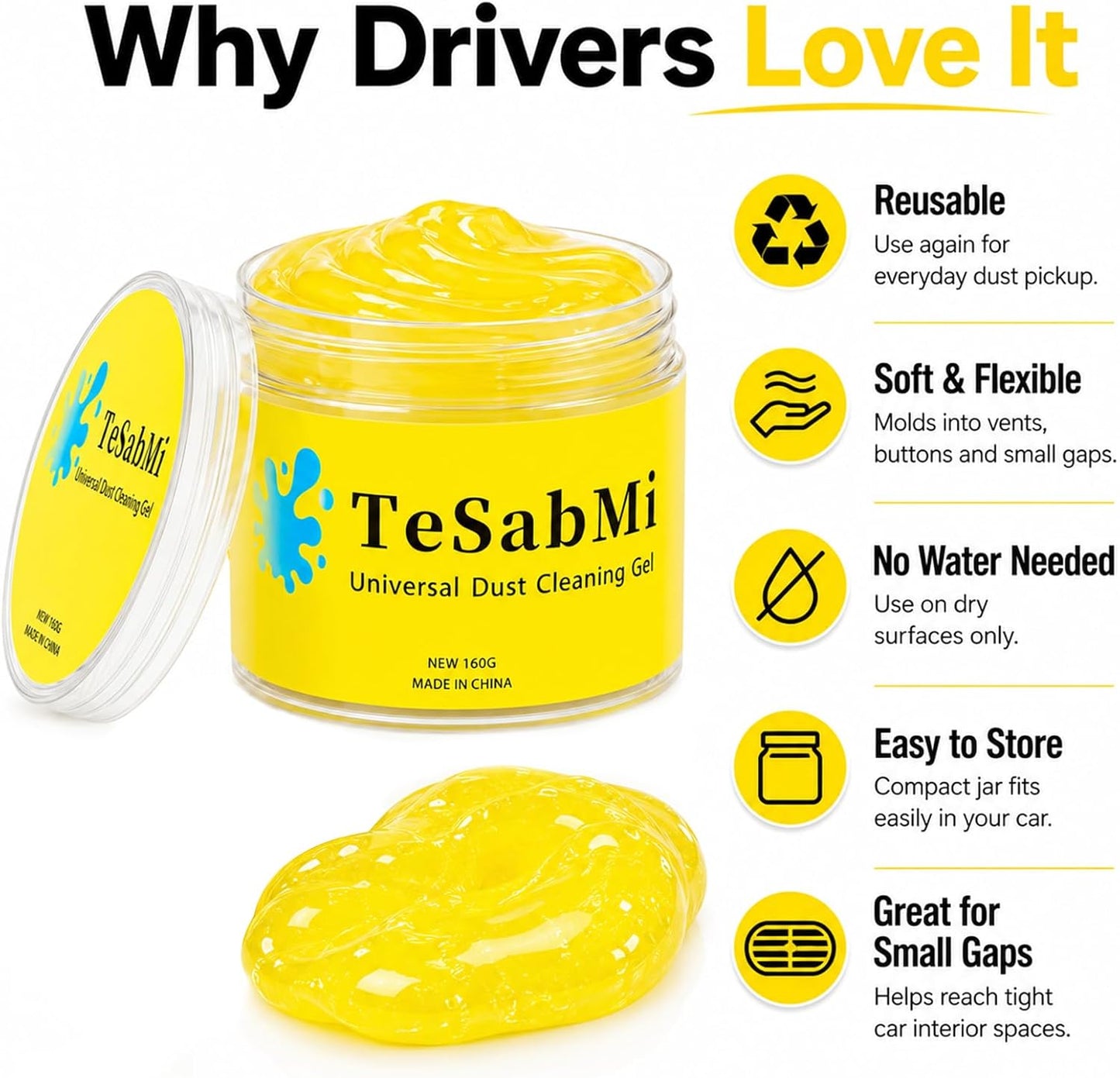 TeSabMi Car Cleaning Gel, Reusable Cleaning Putty & Dust Slime for Air Vents, Dashboard Gaps, Cup Holders, Console Buttons, Vehicle Interior Detailing Accessories, Yellow, 160g