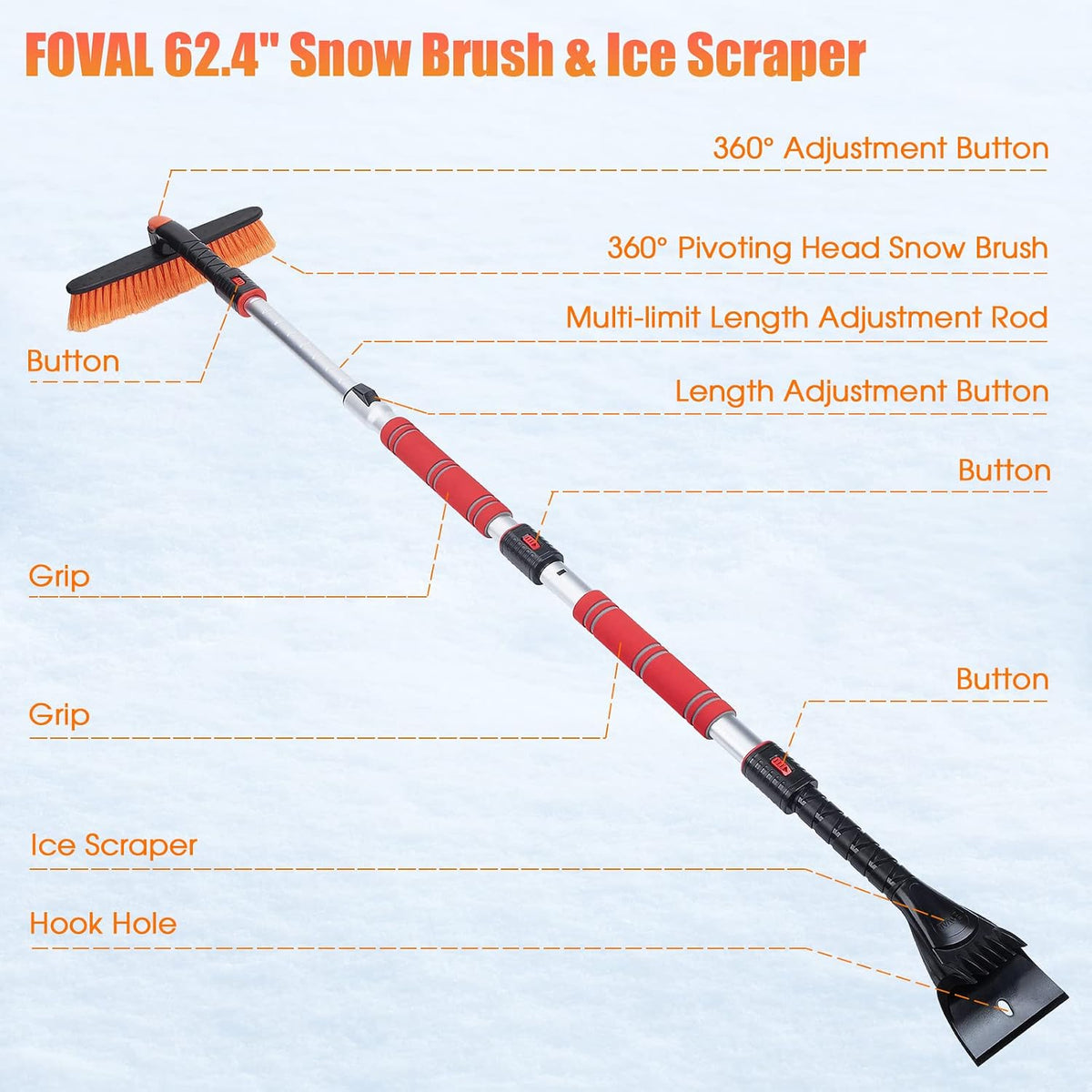 62.4" Snow Brush - Ice Scrapers for Car Windshield, 360°Pivoting Brush Head, Comfortable Foam Grip, Extendable Snow Removal Car Brush for Trucks SUVs, Essential Winter Tool