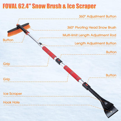 62.4" Snow Brush - Ice Scrapers for Car Windshield, 360°Pivoting Brush Head, Comfortable Foam Grip, Extendable Snow Removal Car Brush for Trucks SUVs, Essential Winter Tool