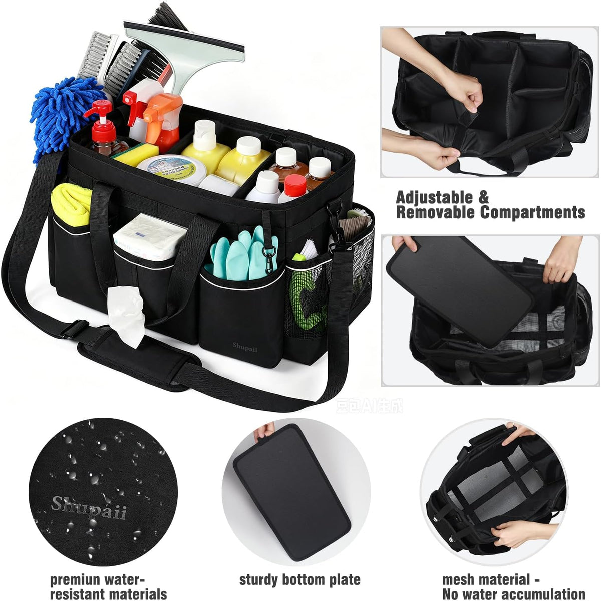 Wearable Cleaning Caddy Bag, Cleaning Caddy Supplies Organizer with Handles for Cleaners & Housekeeper, Under Sink & Car Cleaning Tool Organizers Bag with Adjustable Shoulder Strap&Waist Belt