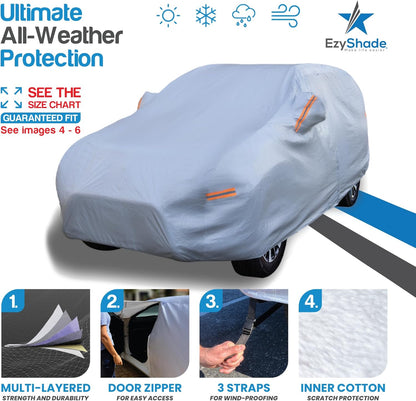 EzyShade 10-Layer Car Cover Waterproof All Weather - See Vehicle Size-Chart - Car Covers for Automobiles & Car Snow Cover - Full Exterior Covers - Winter Rain Sun SUV Sedan. Size A4 (See SizeChart)