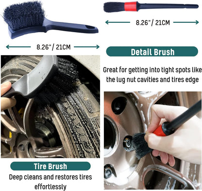 oesee Professional 4 Pack Long Handle Wheel Brush Kit for Cleaning Wheel and Tire- 2X Soft Wheel Cleaning Brush, Detailing Brush and Stiff Tire Brush, Bendable& Durable Wheel Rim Cleaner Brush Set