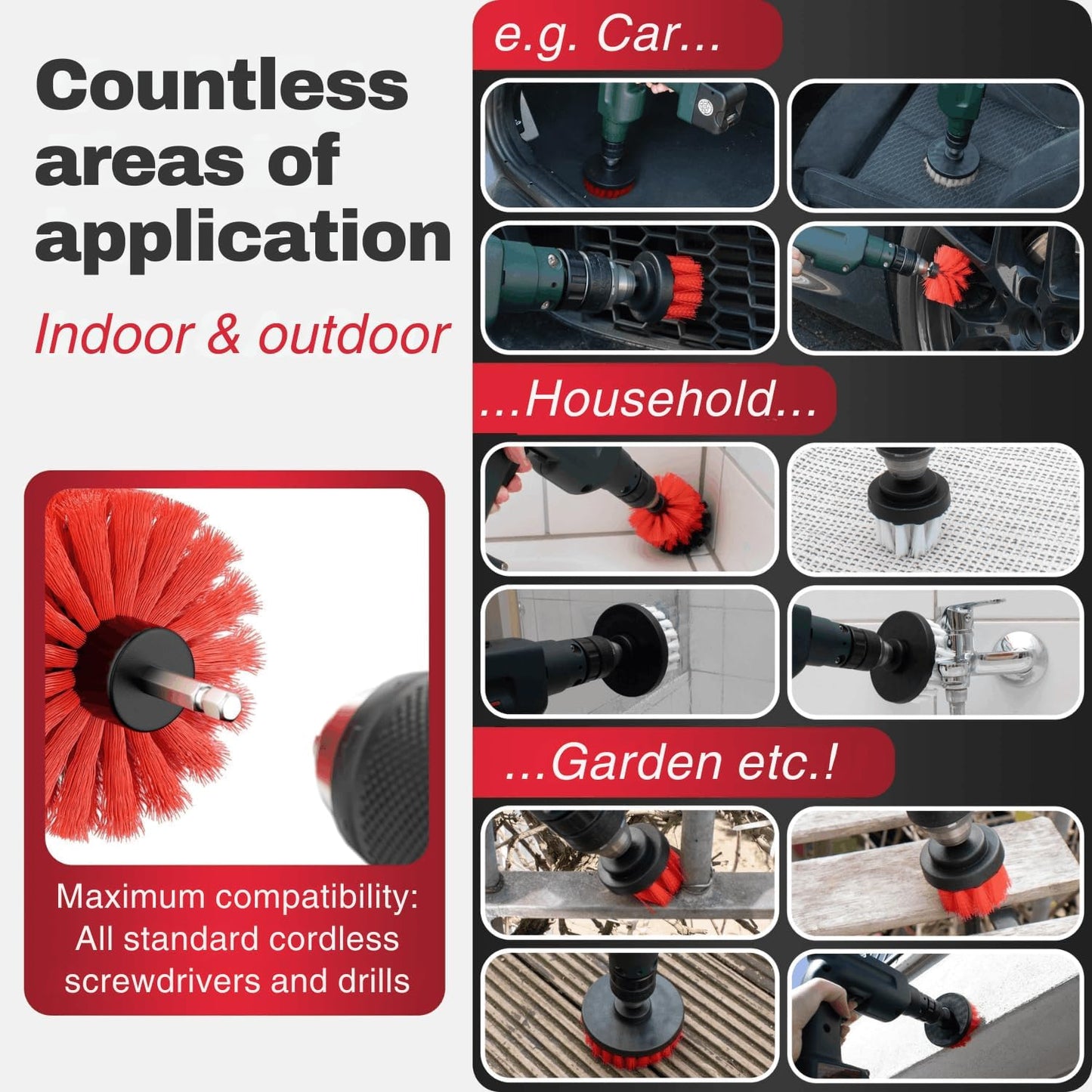 Drill Brush Attachments for Cleaning [Set of 6] Universally Cleans Cars, Rims, Upholstery, Tiles, and More I Brush Drill Attachment for Cleaning I Drill Brush for Car Detailing (Red-White-Black)