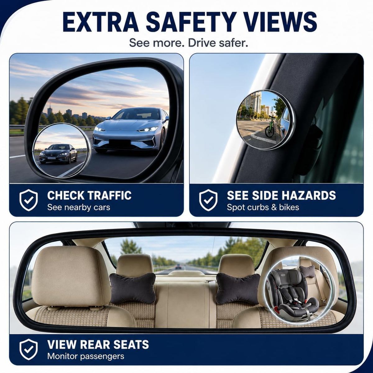 Frameless Car Blind Spot Mirror 2 Pack - Premium Convex HD Glass Round Side Blind Spot Mirrors with Wide Angle View, Eliminate Blind Zones & Parking Assistance for Safe Driving