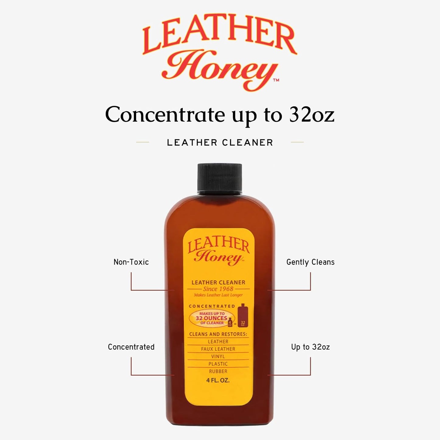 Leather Honey Leather Cleaner: Non-Toxic Leather Care Made in the USA Since 1968. Deep Cleans Leather, Faux & Vinyl - Couches, Car Seats, Purses, Tack, Shoes & Bags. Safe Any Colors & White Leather