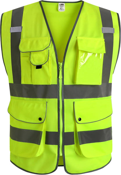 JKSafety 9 Pockets Class 2 High Visibility Zipper Front Safety Vest With Reflective Strips,Meets ANSI/ISEA Standard (Large, 150-Yellow) - Colors A
