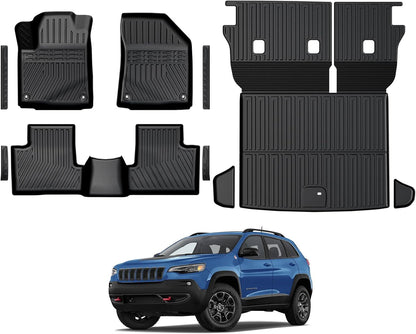 Floor Mats for Jeep Cherokee 2019-2023, All Weather Floor Mats Trunk Cargo Liner with Backrest Protectors and Door Sill Guards Accessories, Full Coverage Set
