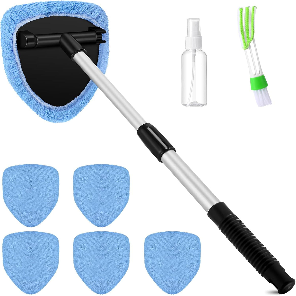 Potchen 8 Pcs Car Windshield Cleaner Tool Kit with Extendable Handle, Microfiber Towel Pads, Brush, Empty Spray Bottle for Auto Glass Wiper Suvs Rvs & Home Windows(Purple)
