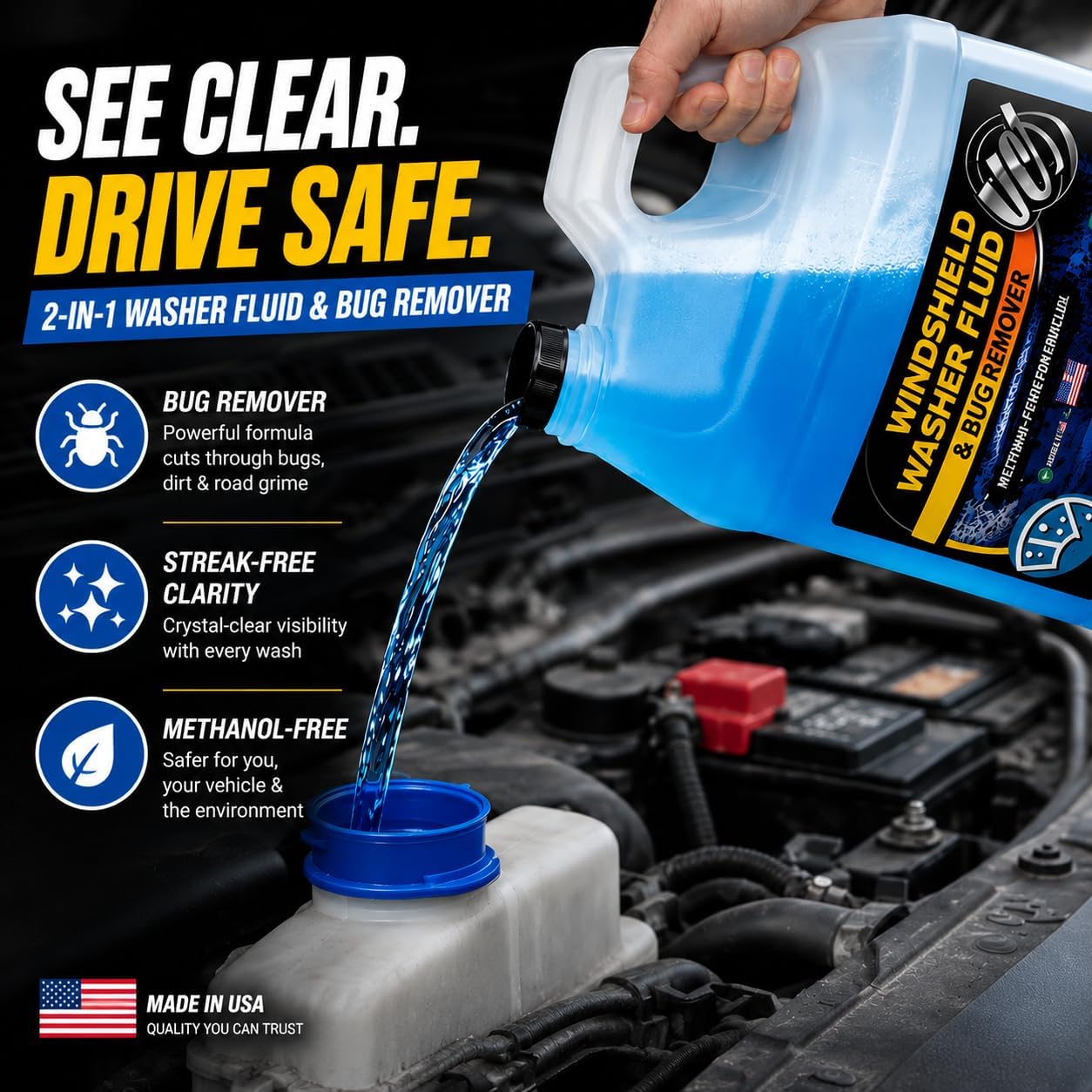 UCS 2-in-1 Windshield Washer Fluid 2-Pack (1 Gallon Each, 256 fl oz Total) – Ready to Use, Streak-Free Formula, All-Weather Cleaning, Removes Bugs, Dirt & Road Grime – Premium Windshield Cleaner