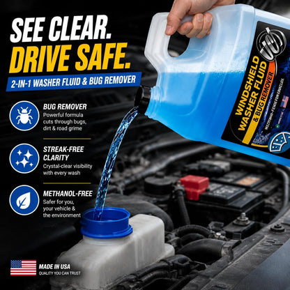 UCS 2-in-1 Windshield Washer Fluid 2-Pack (1 Gallon Each, 256 fl oz Total) – Ready to Use, Streak-Free Formula, All-Weather Cleaning, Removes Bugs, Dirt & Road Grime – Premium Windshield Cleaner