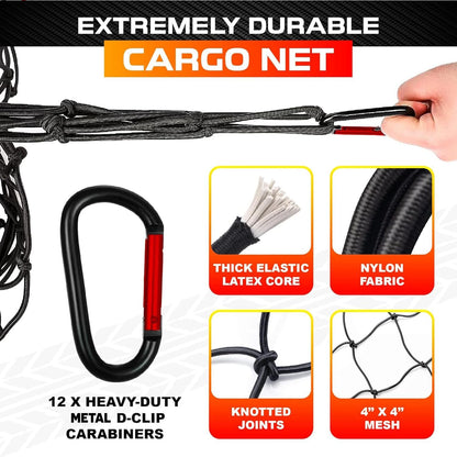 [Premium] 4'x6' Heavy Duty Cargo Net Stretches to 8' x 12', Extra Thick 10mm Cord Bungee Cargo Netting for Pickup Truck Bed, Roof Rack Net & 12 PCS Steel Carabiners