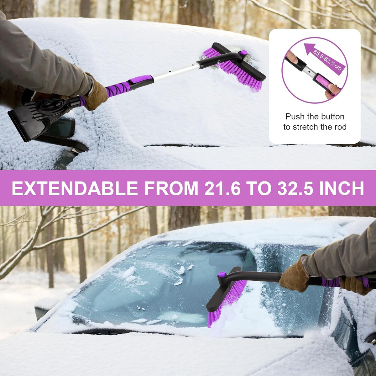 43" Ice Scraper for Car Windshield, Snow Brush with Squeegee, 3 in 1 Snow Removal for Cars with Foam Grip and 180° Pivoting Brush Head for Auto Truck SUV