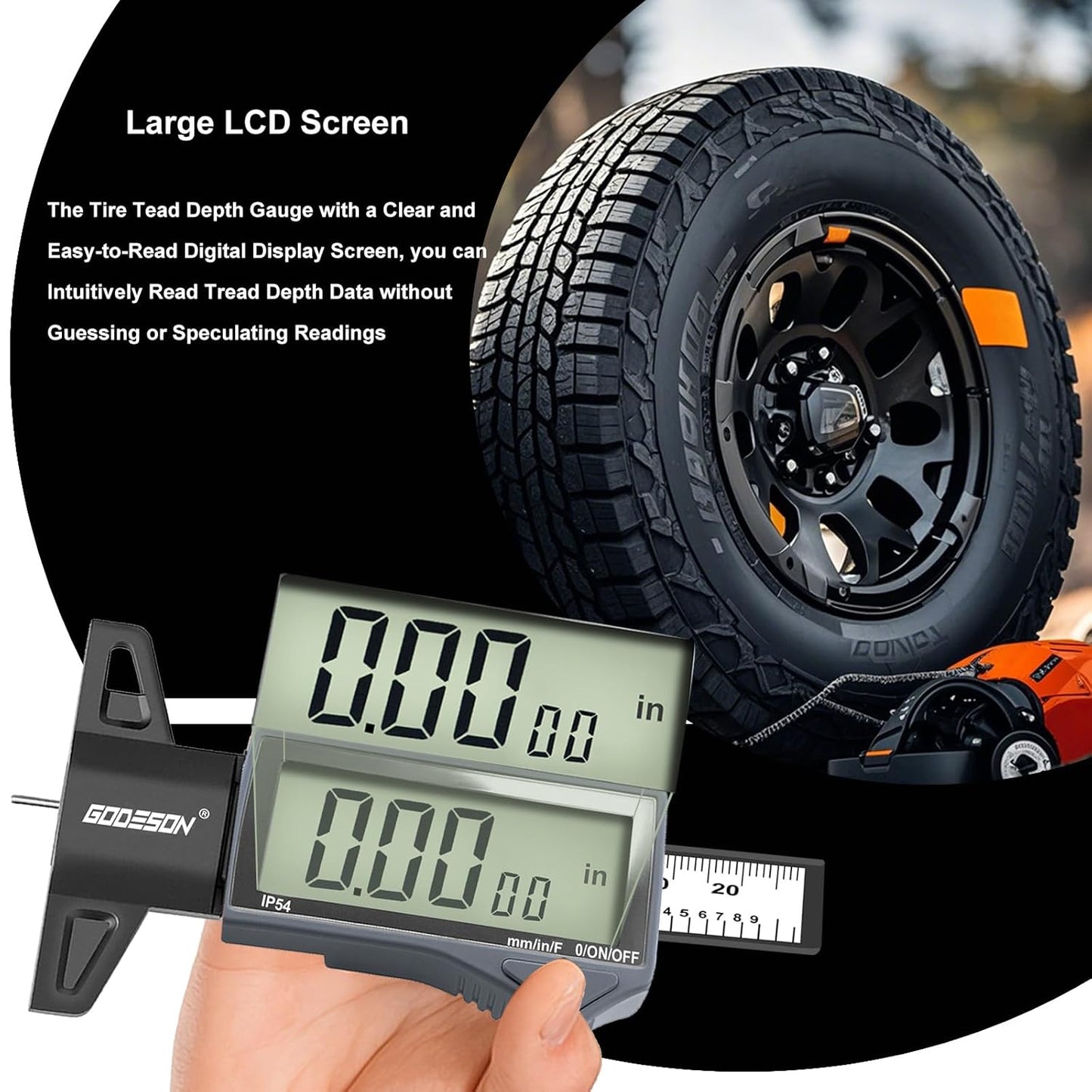GODESON Digital Tire Tread Depth Gauge - IP54 Waterproof, 2.5" LCD Screen, 3 Modes (Fraction/Inch/MM), 1" Range, Auto-Off, Tire Wear Measure Gauge Tool 32nds for Car, Truck & SUV Tires