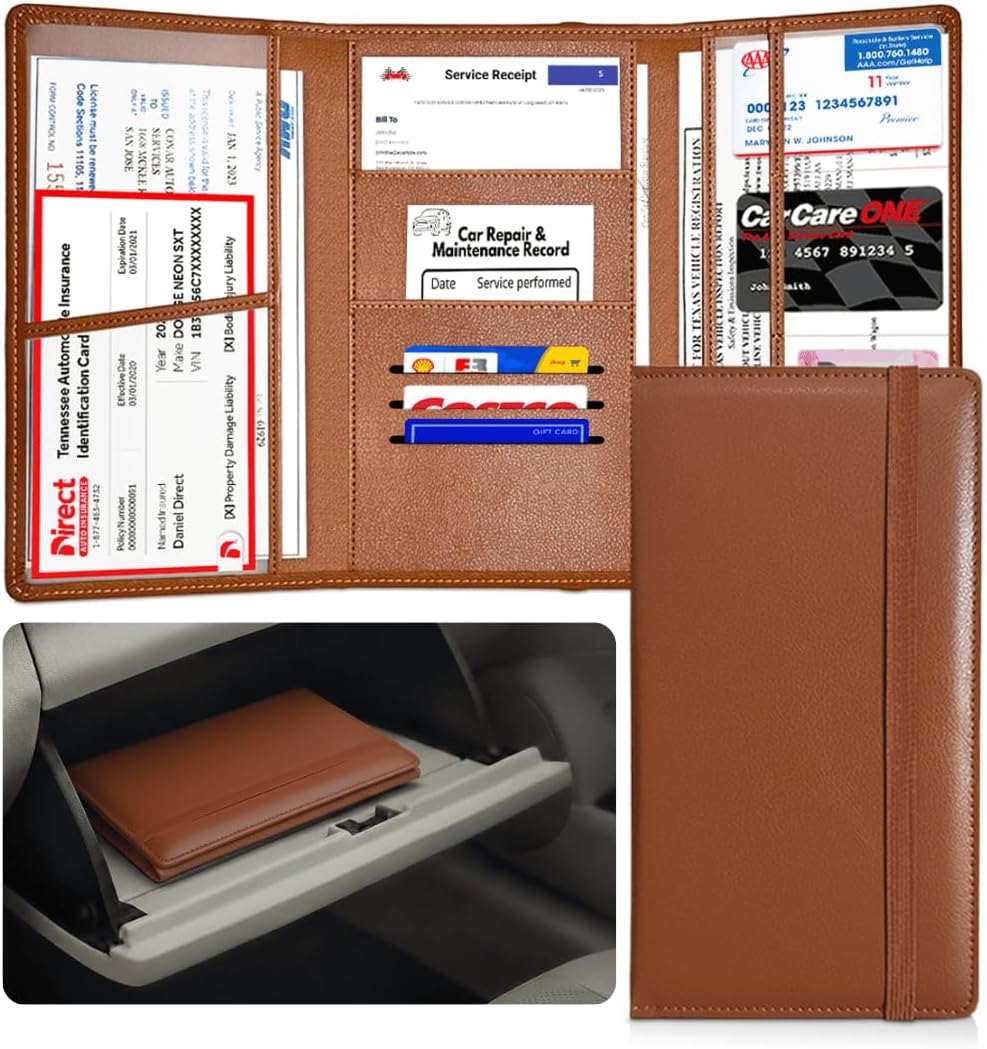 LINTRU Car Registration and Insurance Holder Trifold, Oversized Fit with Reinforced Construction, Matte PU Leather Vehicle Glove Box Organizer for Documents, Car Accessories for Men and Women