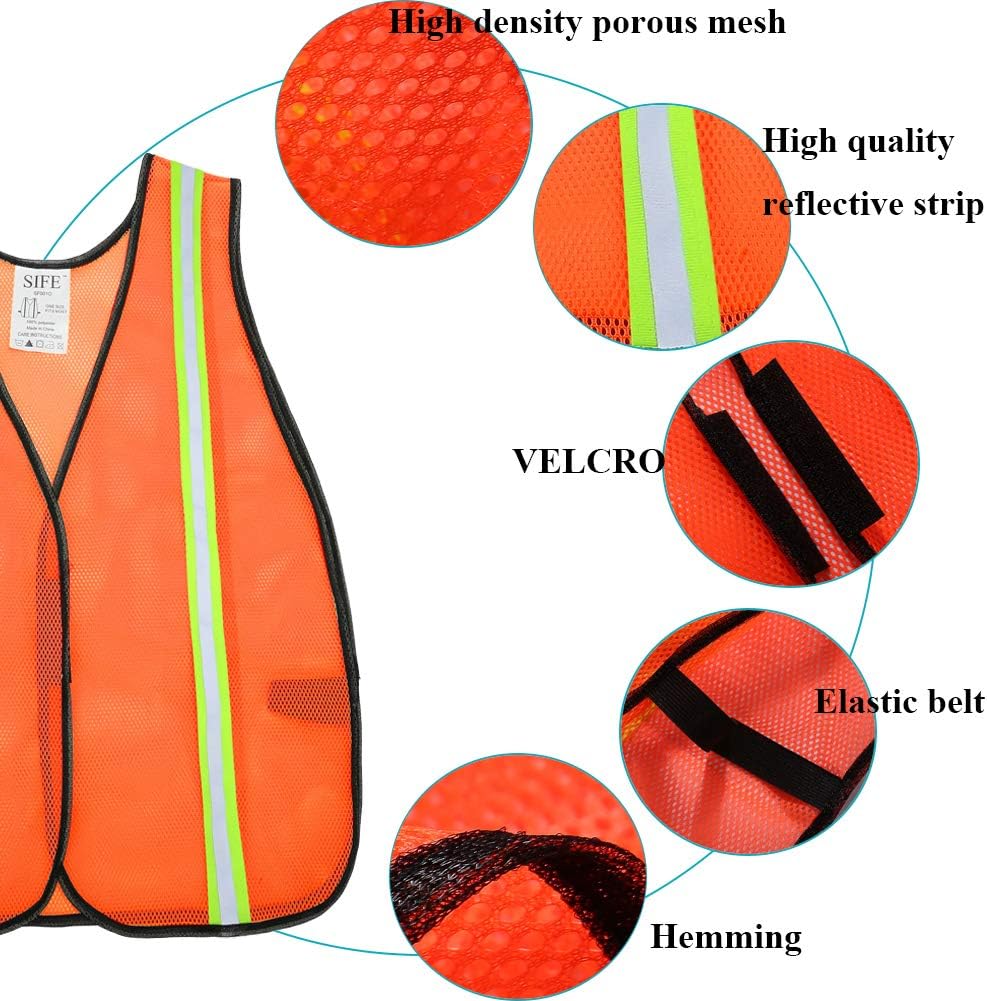 SIFE 10 Pack High Visibility Reflective Safety Vest,Made from Breathable and Neon Orange Mesh Fabric with Stretchable design,light weight for Man and Woman(Orange, 10 pack)
