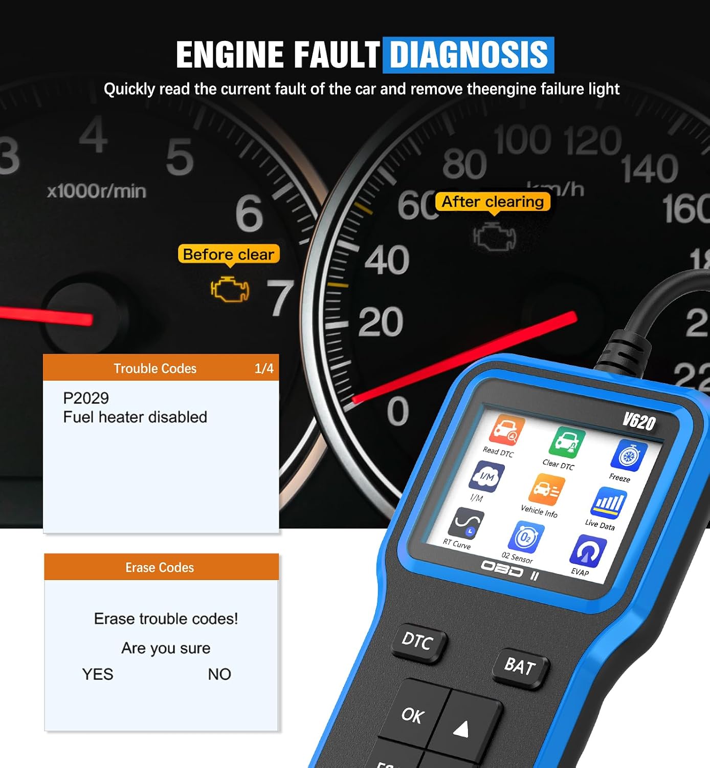 UMEIJA OBD2 Scanner with Upgrade Battery Tester - Diagnostic Tool for Cars That Check Engine Light & Emissions Readiness Read and Clears Vehicle Error Codes for All OBD II Protocol Vehicles Since 1996