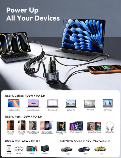 200W Car Charger USB C Fast Charge, PD100W Fast Car Charger Type C, PD3.0/QC4.0/PPS Cigarette Lighter Phone Adapter for iPhone 17 16 15 ProMax, MacBook Pro Air Laptop, Samsung S26/S25, Pixel, iPad Pro