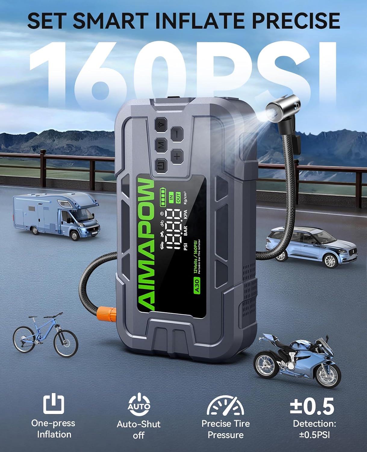 Car Battery Jump Starter with Air Compressor 8000A 160PSI, Jump Starter Portable (All Gas/12L Diesel), 12V Car Jump Starter with Inflator, Jump Box Quick Charge and 270°LED Light