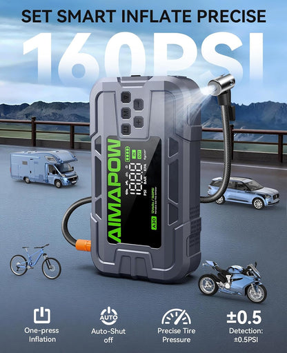 Car Battery Jump Starter with Air Compressor 8000A 160PSI, Jump Starter Portable (All Gas/12L Diesel), 12V Car Jump Starter with Inflator, Jump Box Quick Charge and 270°LED Light