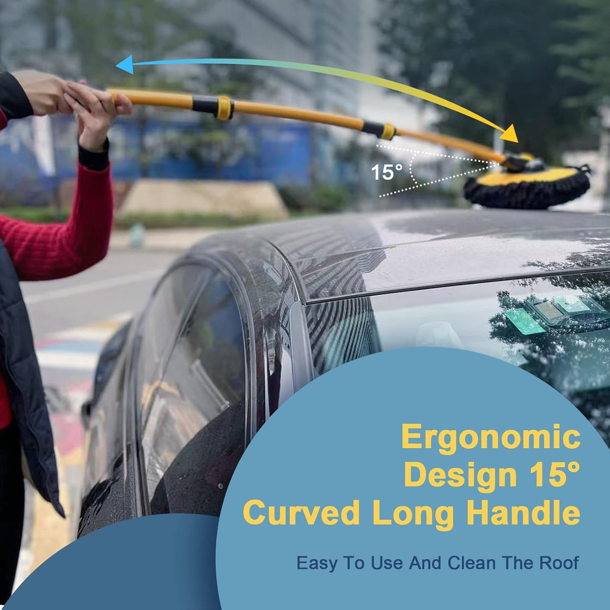 YeewayVeh Car Wash Brush with Long Handle, Microfiber Car Wash Mop with Replaceable Chenille Brush Head, Soft Cleaning Brush with 15° Curved Extension Pole Car Wash Kit for RV Truck Camper, Yellow