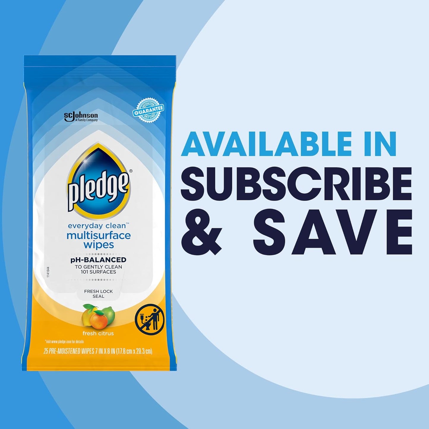 Pledge Multisurface Cleaning Wipes, pH Balanced, Fresh Citrus, 25 Count