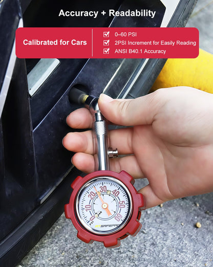 ATsafepro Tire Pressure Gauge, 5-60 PSI, ANSI B40.1 Certified, Extended 360° Swivel Head, Hold & Bleed Button, Dual Guard,Tire Gauges Fit for Cars and Motorcycles - Compact & Battery-Free