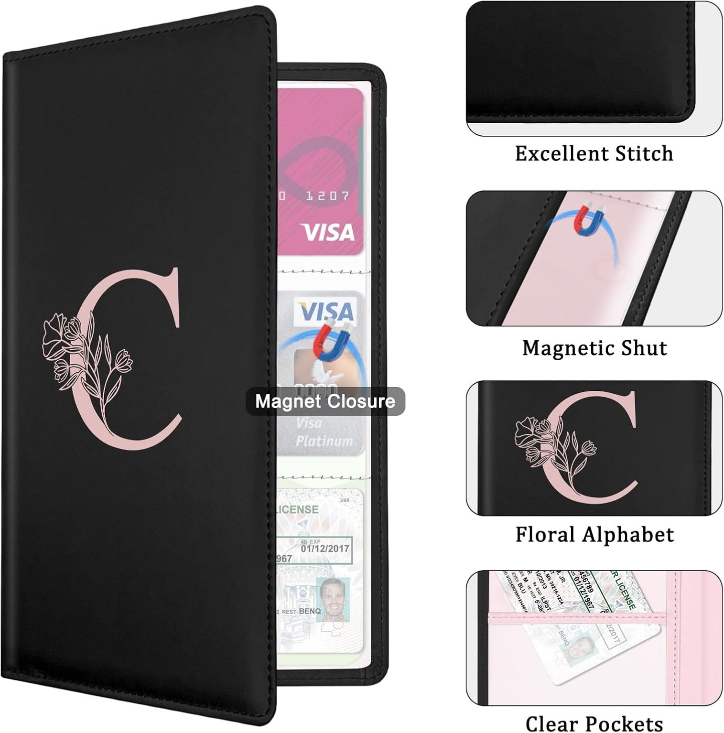 Letter Car Registration and Insurance Holder, with Magnetic Closure for License, Cards and Documents,Vehicle Glove Box Car Organizer, Interior Car Accessories for Women Men (M)