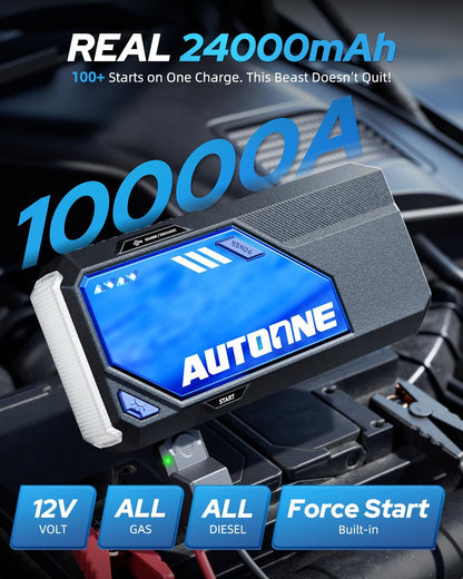 AUTOONE 6000A Car Battery Jump Starter Up to All Gas & 12L Diesel Engine, Car Battery Jumper Starter Portable 12V Jump Box with USB Output, Storage Case, LED Flashlight