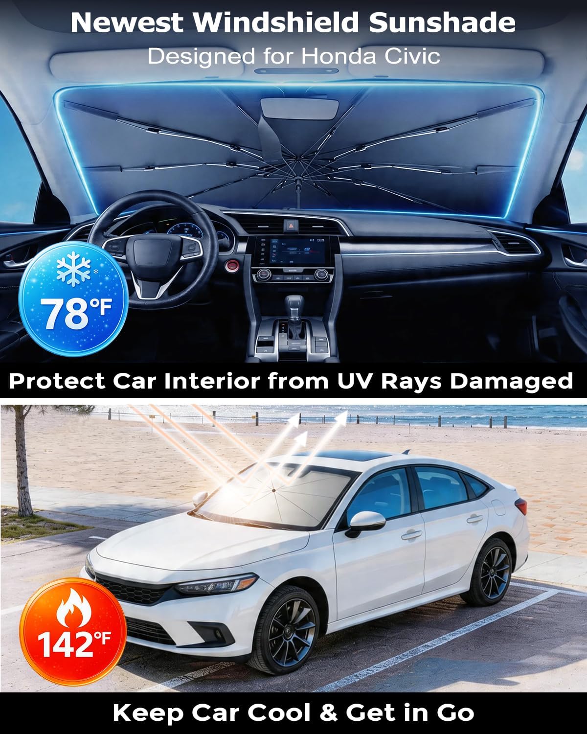 DMJN Umbrella Windshield Sun Shade - Medium, Car Sunshade for Front Windshield [Nano Ice-Crystal Coatings] UPF50+ Heat & UV Block, Protect Interior & Keep Cooler Universal for Car, SUV, Truck