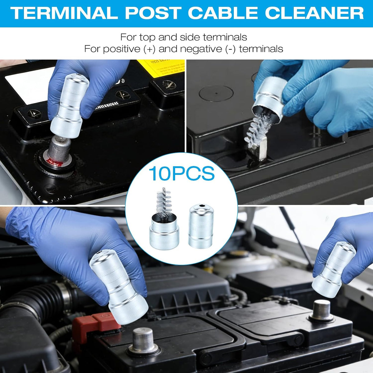10pcs Stainless Steel Battery Tterminal Cleaner,Battery Terminal Cleaning Brushes, Universal Battery Post Cleaner Tool for Car, Truck, Marine Top & Side Terminals Dirt Removal
